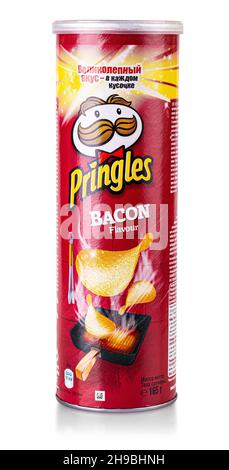 Package of Pringles the Original potato crisps with bacon on an isolated background. Stock Photo