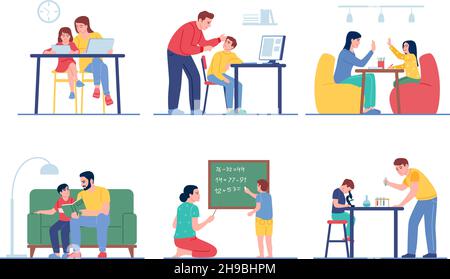parents help children with lessons happy family doing homework teaching ...
