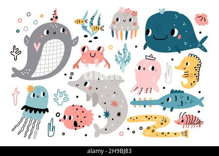 cartoon sea life animal characters set coloring page Stock Vector Image ...
