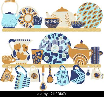 Decorative tableware shelves. Cute rustic ceramic dishes blue and beige colors, patterned cups, ornamental teapots and jug, retro faience goods Stock Vector