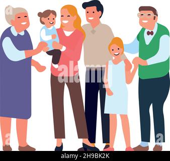 Multi generation family. Grandparents parents and kids happy together Stock Vector