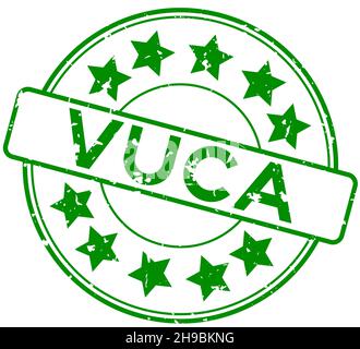 Grunge green vuca (abbreviation of Volatility, uncertainty, complexity and ambiguity) word with star icon round rubber seal stamp on white background Stock Vector