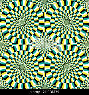 Optical illusion vector. Circular design in yellow, green black and white. Concentric circles that trick the eye into seeing rotaing movement. EPS10 v Stock Vector
