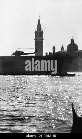 Battleship with helicopter on board, Venice, Italy, March, 1978 Stock Photo