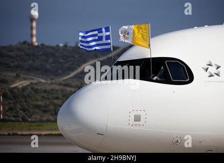 The plane with Pope Francis onboard departs from Athens International Airport, in Athens, Greece, December 6, 2021. REUTERS/Alkis Konstantinidis