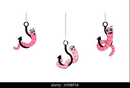 Set Cartoon worm on a hook. Emotion horror. vector illustration. character icon Earthworm. flat style. Crawling animal creature. isolated on a white b Stock Vector