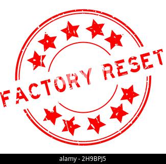 Grunge red factory reset word with star icon round rubber seal stamp on white background Stock Vector