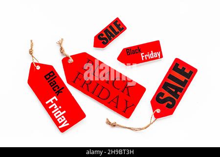 Price sale label tied with string. Discount shopping day concept Stock Photo