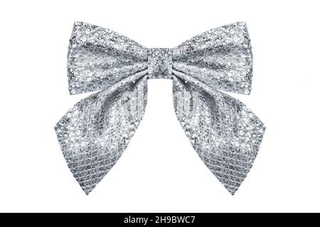 Silver ribbon with bow isolated on white Stock Photo