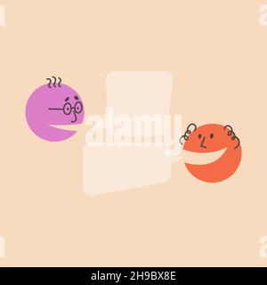 Dialogue template. People talk, argue. A man with glasses asks and his interlocutor will answer, speech bubbles. Colorful round vector illustration. Stock Vector