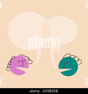 Dialogue template. People talk, argue. Two women are discussing something, gossiping, speech bubbles above them. Colorful round vector illustration. Stock Vector