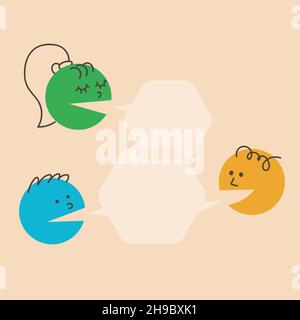 Dialogue template. People talk, argue. Children, adolescents, boys and girls, speech bubbles. Colorful round vector illustration. Stock Vector