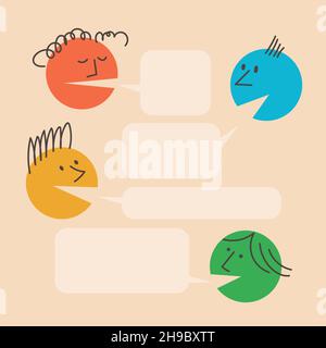 Dialogue template. People talk, argue. Men and women are discussing something, gossiping, speech bubbles above them. Question and answer. Colorful Stock Vector