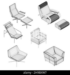 Set of armchairs and chairs wireframes from black lines isolated on white background. Isometric view. 3D. Vector illustration. Stock Vector