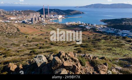 Aerial view of the powerplant located at the north of Lavrio,Greece Stock Photo