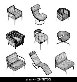 Set of armchairs and chairs wireframes from black lines isolated on white background. Isometric view. 3D. Vector illustration. Stock Vector