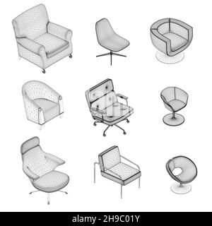 Set of armchairs and chairs wireframes from black lines isolated on white background. Isometric view. 3D. Vector illustration. Stock Vector