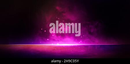 Empty stage background in purple color, spotlights, neon rays. Abstract background of neon particles and rays. Abstract background with particles and Stock Photo