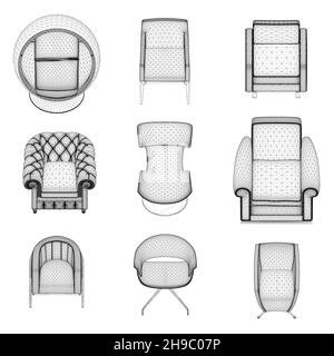 Set of armchairs and chairs wireframes from black lines isolated on white background. Front view. 3D. Vector illustration. Stock Vector