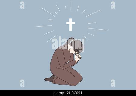 Religion praying and believe in god concept. Young woman nun sitting with hands crossed praying to god in religious gesture spiritual blessing vector illustration  Stock Vector