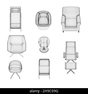 Set of armchairs and chairs wireframes from black lines isolated on white background. Front view. 3D. Vector illustration. Stock Vector