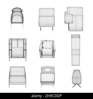 Set of armchairs and chairs wireframes from black lines isolated on white background. Front view. 3D. Vector illustration. Stock Vector