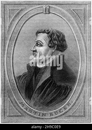 Engraving of Martin Bucer (1491 – 1551)  German Protestant reformer based in Strasbourg who influenced Lutheran, Calvinist, and Anglican doctrines and practices.