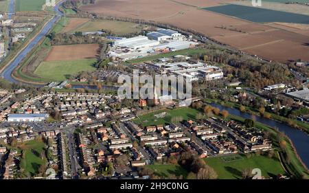 aerial view of the Fulney area of Spalding, looking north east with Lidl, St Pauls Church and in the distance industry on Marsh Road Stock Photo