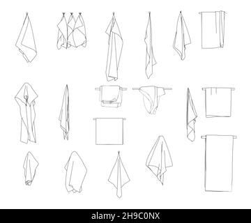 Set with contours of towels hanging on a hanger from black lines isolated on a white background. Front view. Vector illustration. Stock Vector