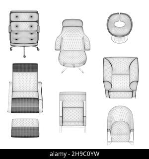 Set of armchairs and chairs wireframes from black lines isolated on white background. Front view. 3D. Vector illustration. Stock Vector