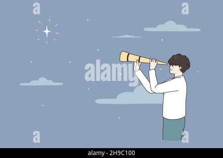 Astronomy and researching space concept. Smiling boy standing holding spyglass looking at stars in sky comets planets vector illustration  Stock Vector