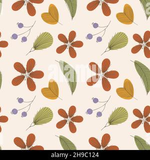 Botanical pattern, flowers and twigs in the style of doodling hand drawing. Vector illustration Stock Vector