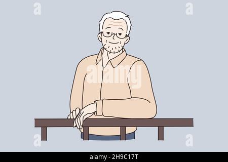 Portrait of happy mature man concept. Smiling unshaven grey haired mature elderly man standing having bristle on face looking at camera vector illustration  Stock Vector