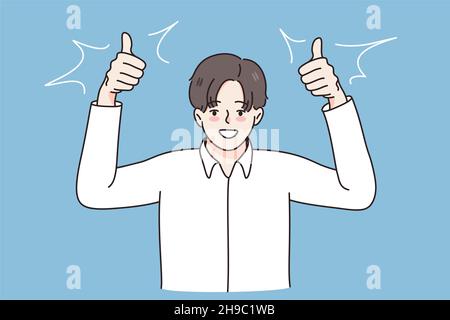 Success and thumb up sign concept. Young smiling businessman wearing white shirt standing and showing thumb up sign with hands fingers vector illustration  Stock Vector