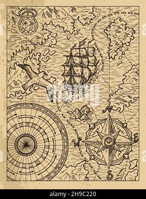 Old textured illustration of old map with sailboat, gull, unknown lands and islands, compass and wind rose. Vector vintage drawings, marine concept, c Stock Photo