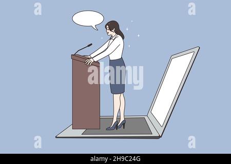 Online conference and virtual meeting concept. Woman worker speaker making presentation from laptop screen during online conference vector illustration  Stock Vector