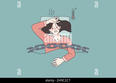 Fever and getting ill sick concept. Young woman staying in bed with high temperature feeling ill sick and having flu vector illustration  Stock Vector