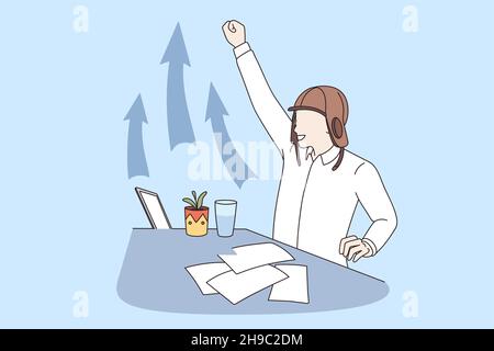 Development and success in business concept. Young positive businessman worker in pilot helmet sitting at laptop with hand raised and arrow up feeling successful vector illustration  Stock Vector