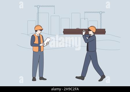 Construction industry and workers concept. Young smiling workers builders in helmets and uniform standing managing and carrying materials vector illustration  Stock Vector