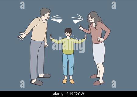 Conflict and fight in family concept. Small crying boy standing between two screaming angry parents trying to comfort them vector illustration  Stock Vector