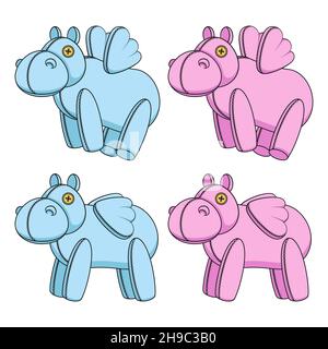 Set of color illustrations with pink and blue toy hippos with wings. Isolated vector objects on a white background. Stock Vector