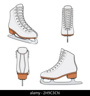 Set of color images with white skates for figure skating. Isolated vector objects on a white background. Stock Vector