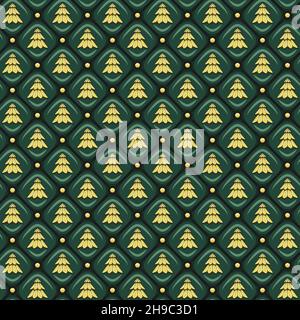 Seamless pattern with a texture of green leather upholstery and a gold Christmas tree. New Year vector background. Stock Vector