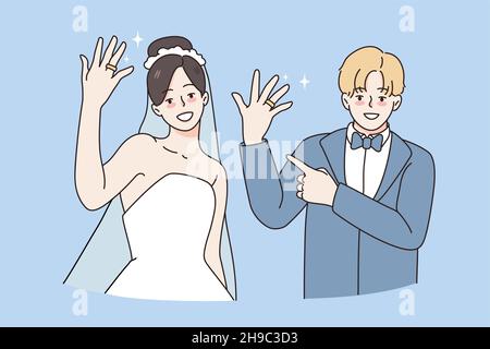Wedding and marriage day concept. Smiling young happy couple wife and husband standing showing rings on fingers feeling excited vector illustration  Stock Vector