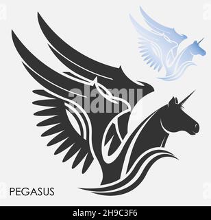Silhouettes of mythical pegasus horse head. Unicorn emblem with wings. Isolated vector on white background. Simple black and white vector isolated on Stock Vector