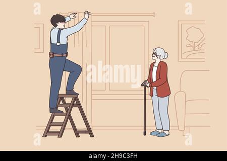 Repairing works and help concept. Young man worker repairman putting curtains to window helping elderly woman in her apartment vector illustration  Stock Vector