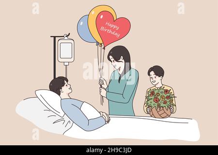 Celebrating birthday in hospital concept. Young father man lying in bed in hospital being ill greeting his wife and son with birthday balloons and flowers feeling positive vector illustration  Stock Vector