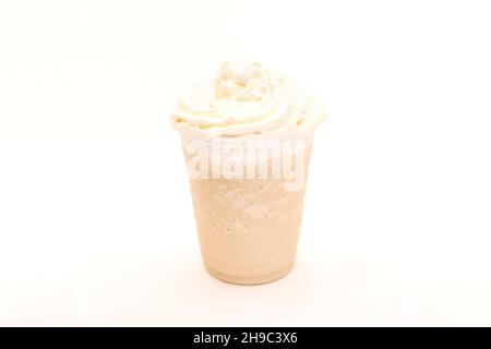 Vanilla frappe served in a to go plastic cup for take away. Stock Photo