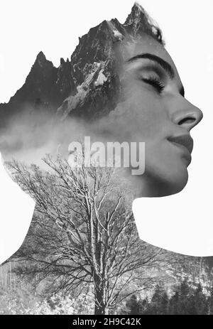 Concept of human mental health. Double exposure effect applied on woman's portrait showing human's inner world Stock Photo
