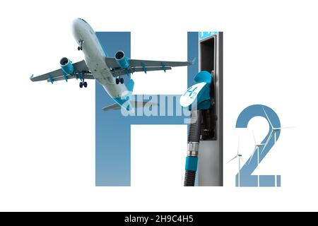 Collage of H2 symbol, airplane, hydrogen filling station and wind turbines. Clean mobility concept Stock Photo